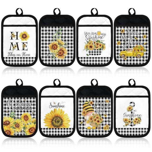 Bencailor 8 Pcs Pot Holders with Pocket Sunflower Kitchen Potholder Funny Buffalo Plaid Hot Pad Oven Mitts Cute Cookie Bag Farmhouse Oven Gloves for Christmas Kitchen Gift Baking Cooking(Sunflower)