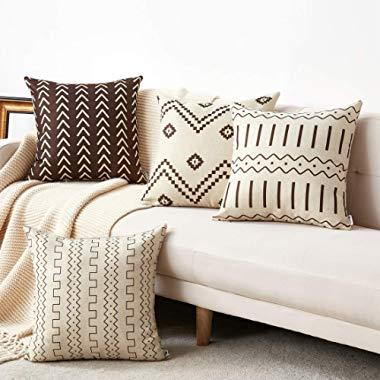 WLNUI Set of 4 Pillow Covers,18x18 Pillow Covers Modern Throw Pillow Covers Brown Boho Geometric Mudcloth Cotton Linen Neutral Decorative Pillow Covers for Sofa Couch Chair