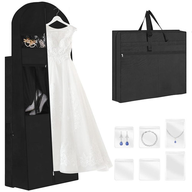 TANGKA Wedding Dress Garment Bag,72’ Tri-Fold Bridal Gown Bag with 6 Pouches and Adjustable Buckle Gown Cover for Wedding/Prom/Travel/Closet Storage (Black)