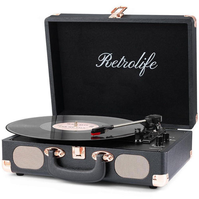 Record Player Wireless Portable Suitcase Vinyl Player with Built-in Speakers Retro Style Record Player for Vinyl Records 3-Speed RCA Line Out AUX in Vintage Turntable Upgrade Black