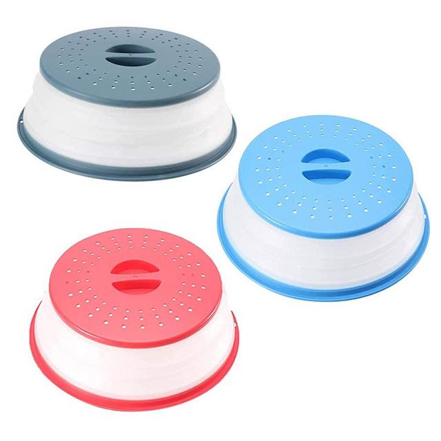 3 Pack Multicolor Collapsible Microwave Splatter Cover, Microwave Cover for Food, Microwave Plate Cover Non-Toxic, BPA-Free Silicone & Plastic and Dishwasher Safe 10.6 inch (Red、 Blue、Ink-blue)
