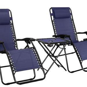 Amazon Basics Folding Lounge Chair Set with Side Table, Pack of 2, Blue