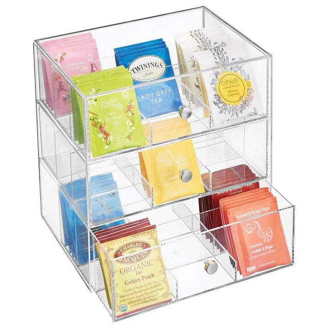 mDesign Plastic Kitchen Pantry, Cabinet, Countertop Organizer Storage Station with 3 Drawers for Coffee, Tea, Sugar Packets, Sweeteners, Creamers, Drink Pods, Packets - 27 Sections - Clear
