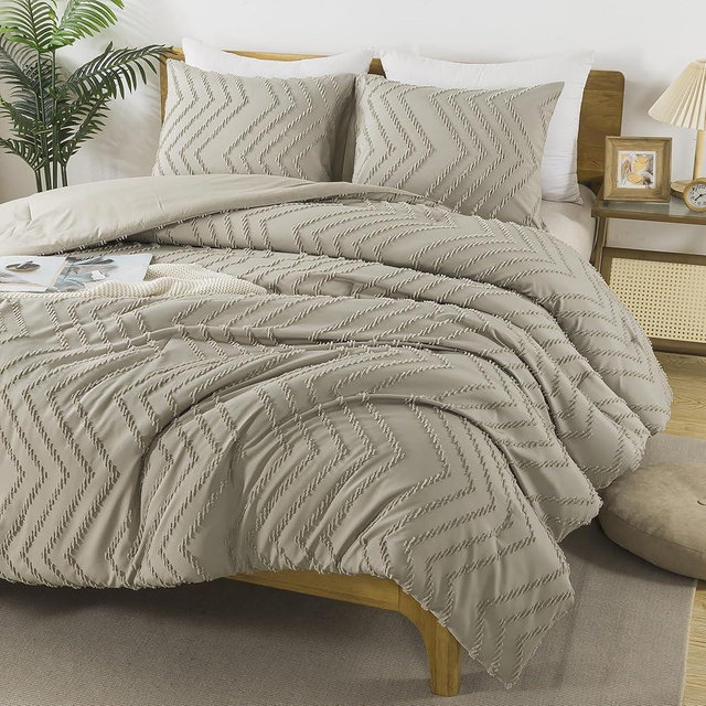 Andency Oatmeal Comforter Set King Size, Boho Soft Warm Tufted Bedding Comforter Sets for King Size Bed, 3 Pieces Aesthetic Chevron Farmhouse Cute Bohemian Textured Bedding Set