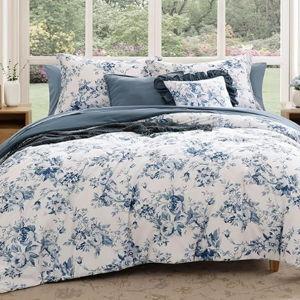Queen Comforter Set -7 Pieces Floral Blue Comforter Set for All Seasons, Bed in a Bag Queen with Botanical Flowers Comforter, Sheets, Pillowcases & Shams