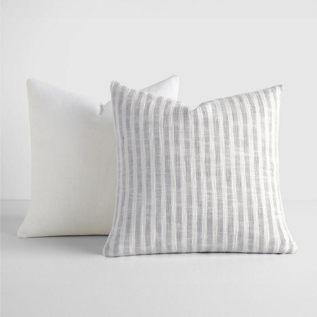 2-Pack Yarn-Dyed Patterns Gray Throw Pillows in Yarn-Dyed Bengal Stripe & Solid - Becky Cameron, Gray Yarn-Dyed Bengal Stripe / Solid, 20 x 20