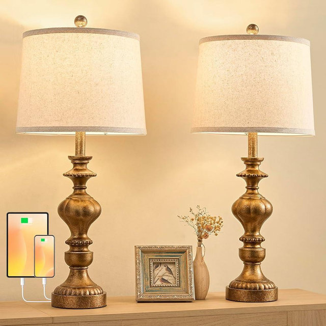 SAIWEYA 27.5" Farmhouse Table Lamps Set of 2 Bedside Nightstand Lamp with USB C+A Ports & AC Outlet, 3 Way Dimmable Touch Lamps for Bedroom Living Room Office Rustic Lamp (Rotary Switch-Copper)