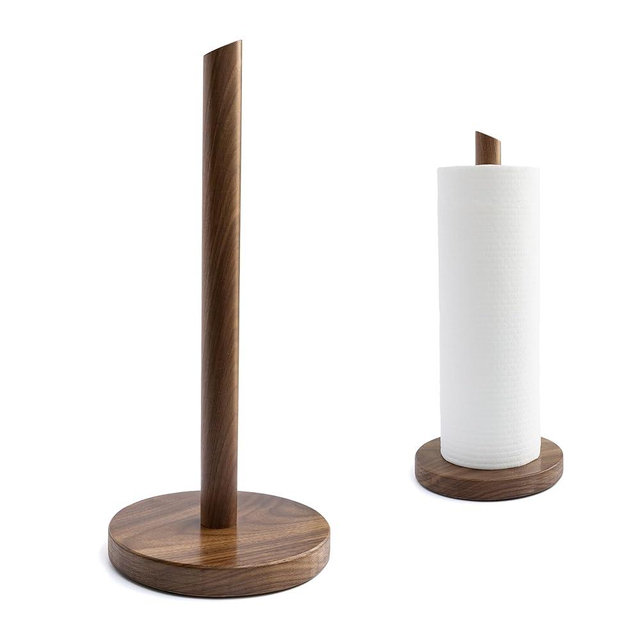 Kihomi Wooden Paper Towel Holder - Walnut Suction Cup Paper Roll Dispenser for Kitchen, Bathroom Countertop, Laundry Simple Decorative Dishcloth Rack Stand Scrunchie Display Storage (Dark Walnut)
