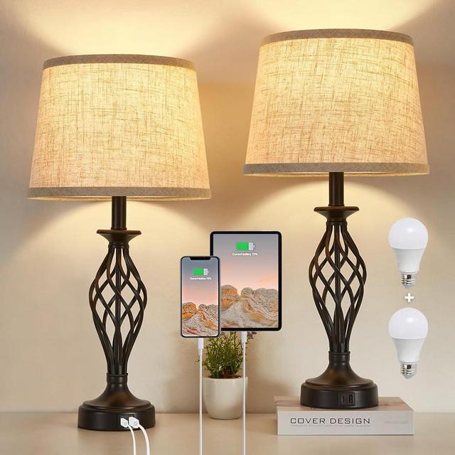 Table Lamp for Bedroom Set of 2 with USB C+A Ports, Modern Bedside Lamps with Spiral Cage Base, Fabric Shade, Nightstand Lamp for Living Room Reading Bed Side End Table, 2 LED Bulbs Included (Black)