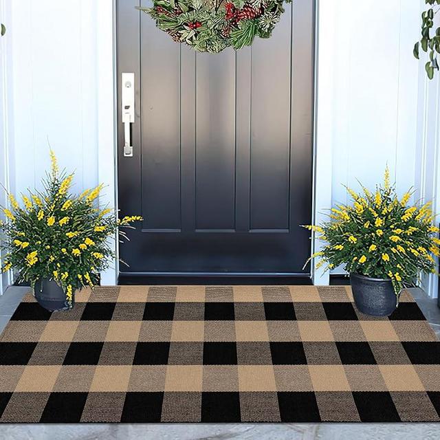 Front Porch Rug 24''x51'' Black and Tan Checkered Outdoor Rug Cotton Washable Front Door Mat Outdoor for Layered Doormat,Bedroom,Farmhouse,Entryway,Patio