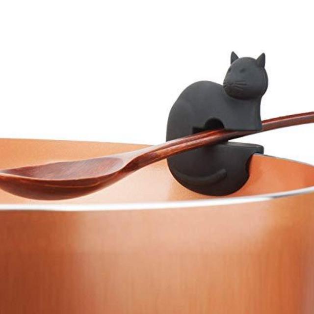 Cat and Owl Silicone Pot Clip Spoon Rest, Set of 2, Black & Gray