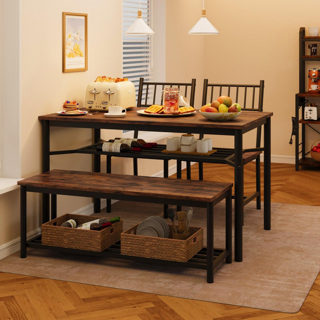 Kitchen Table with 2 Chairs and Bench, 4-Person Rectangular Dining Room Table Set with Wine Rack, Dining Table Set for 4 for Small Space, Rustic Brown