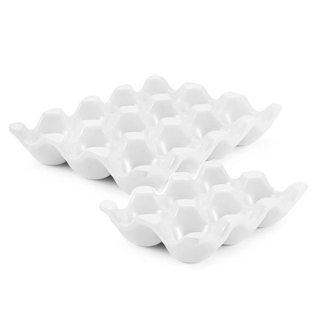 Flexzion Ceramic 12 + 6 Cups Egg Tray - 18 Porcelain Egg Holder Container Keeper Storage Organizer Decorative Serving Stand Serveware for Refrigerator Fridge Countertop Display Kitchen (White)