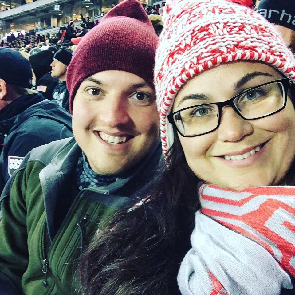 Ohio State football game, bundled up to keep the Texan warm!