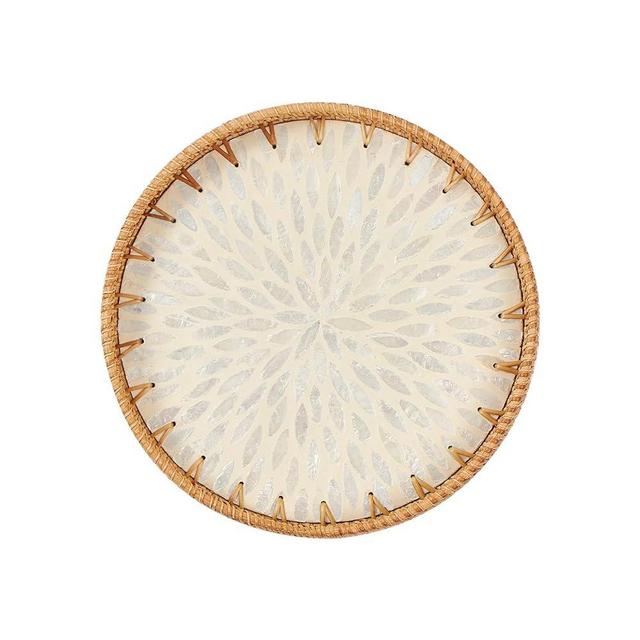 Kmelep Round Rattan Tray with Mother of Pearl Inlay, Rattan Serving Tray with Wooden Base, Decorative Wicker Basket for Table Decor, Storage and Display of Coffee Bread Food Fruit (Leaf 2)