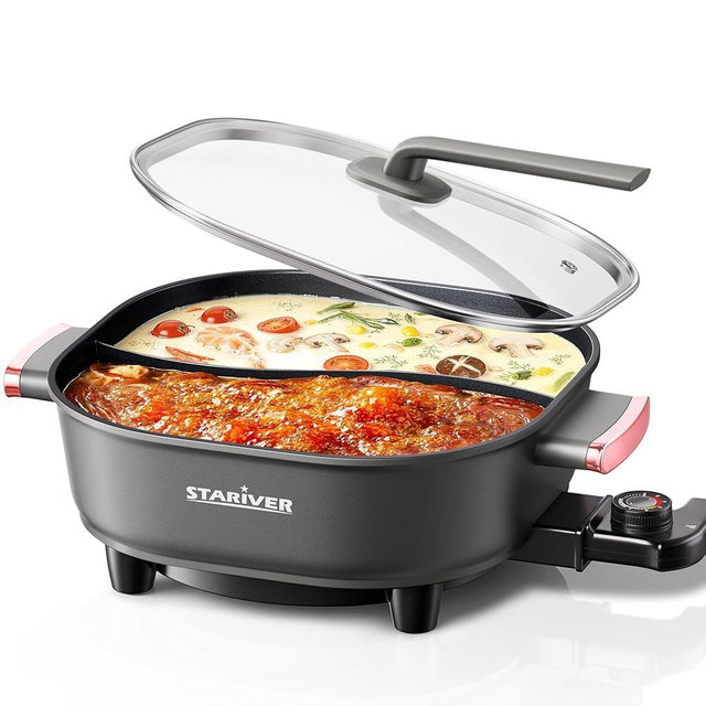 Stariver 6L Electric Hot Pot with Divider, 1300W, Dual-Flavor Pot for Two Broths, 5-Temp Control & Non-Stick Coating, Electric Pot for Shabu Shabu, Fondue, Perfect for Family Gatherings & Parties