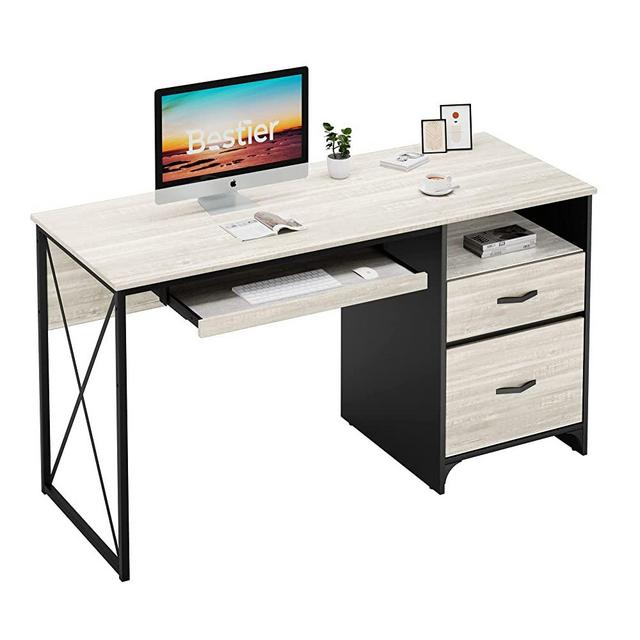 Bestier Industrial Desk with Storage Drawers 55 inch Writing Study Computer Table Workstation with Keyboard Tray for Home Office, Wash White