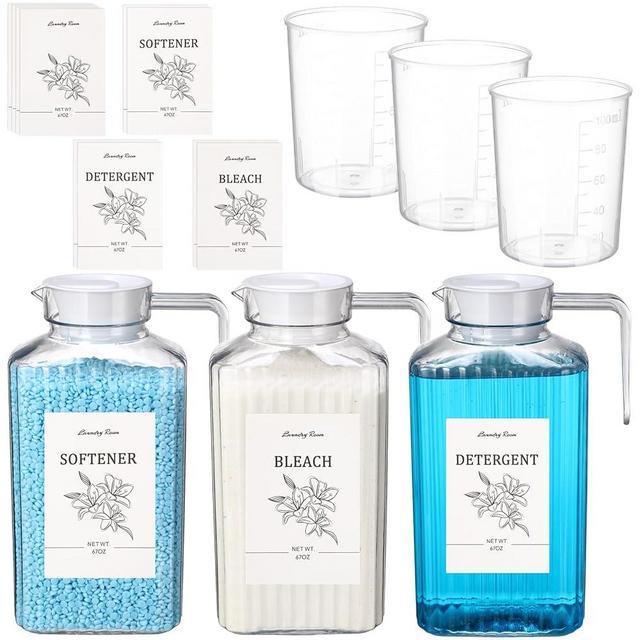 Potchen 3 Pcs 68 oz Laundry Detergent Dispenser Fabric Softener Dispenser with Labels Measuring Cups Soap Bleach Container Liquid Detergent Containers for Laundry Room Organization Storage
