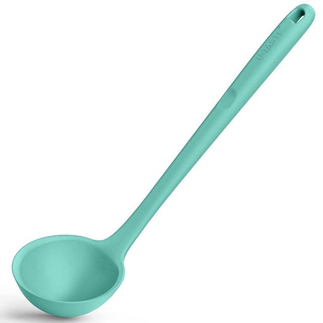 13 inch Silicone Soup Ladle: U-Taste 600ºF Heat Resistant 4 oz Large Non-stick Seamless Rubber Kitchen Deep Serving Spoon with Non-slip Solid Long Handle for Cooking Sauce/Stews/Gravies (Aqua Sky)