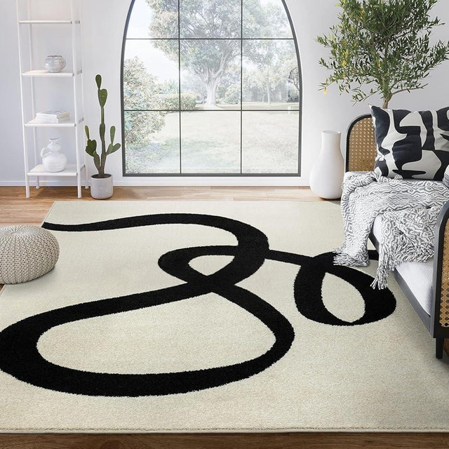 Abani Abstract Beige/Black Area Rug - 9'x12' - Modern Curved Line Design - Deco Collection - Easy to Clean - Durable for High Traffic Areas - Living Room, Dining Room - Medium Pile