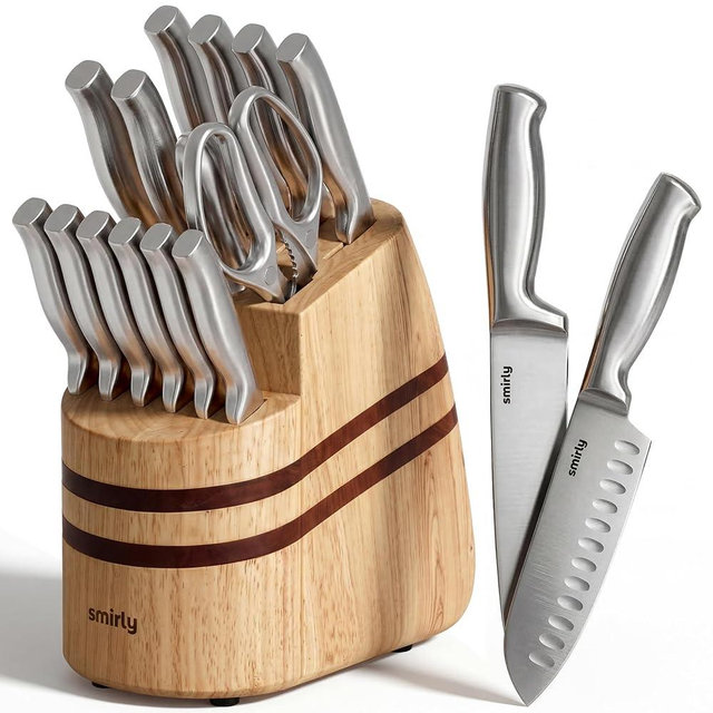 SMIRLY Knife Set - 15 Pieces Knives Set for Kitchen with Block and Sharpener - Stainless Steel Knife Set with Anti-Slip Ergonomic Handle for Steak Bread, Dishwasher Safe, House Warming Kitchen Gifts