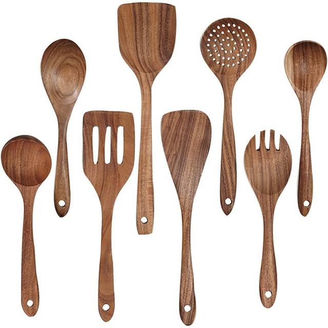 Wooden Utensils for Cooking Made From Natural Teak Wood - Luxury 8 Pcs Kitchen Utensil Set - Includes Quality Non-Stick Fork, Spatula, Spoon, Salad Spoons And More - The Original Classic Set