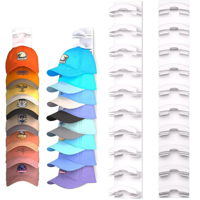 Hat Organizer Hold up to 20 Hats, 2 Pack Hat Rack for Wall with Strong Adhesive, Hat Organizer for Baseball Caps Display for Door Closet, Hat Hanger Holder Multilayer Two Mounting Option(White)
