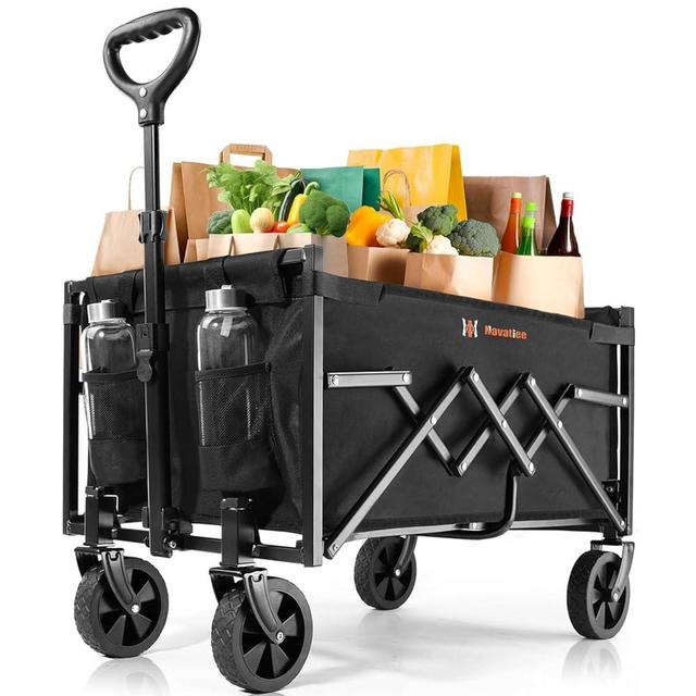 Navatiee Foldable Collapsible Wagon Cart, Utility Garden Wagon with 220lbs Weight Capacity, Heavy Duty Lightweight Portable Sport Wagon for Outdoor, Grocery, Camping, Black