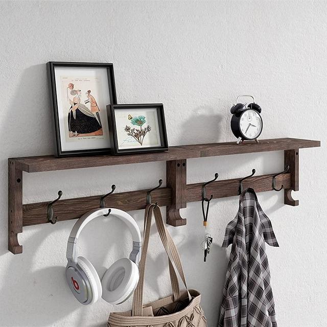 VERTORGAN Wall Hooks with Shelf, Wood Coat Rack with Shelf Wall-Mounted, 31.5 Inch Entryway Shelf with 10 Hooks (Brown)
