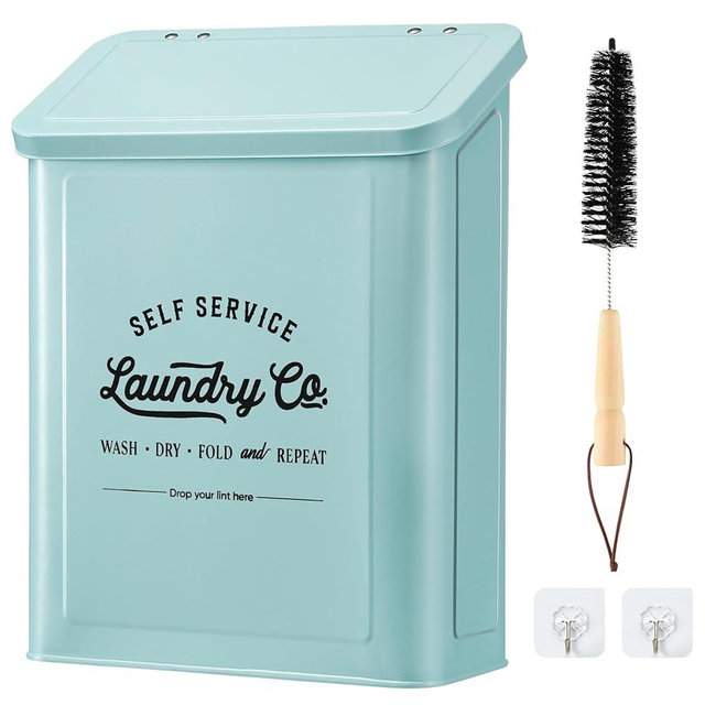 MONJITA Magnetic Lint Bin for Laundry Room, Metal Trash Can with Lid for Dryer, Farmhouse Lint Holder, Laundry Co Sign, Laundry Room Storage Decor with Dryer Lint Brush (Mint)