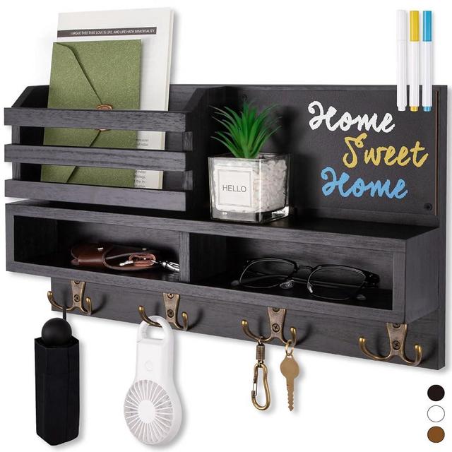 FIPUTE Key Holder for Wall, Wall Mounted Mail Holder Wooden with Shelf & 3 Liquid Chalks & Chalkboard, Mail Sorter Organizer, Rustic Home Decor - Entryway Living Room (15.98”W x 9.1”H x 3.3”D), Black