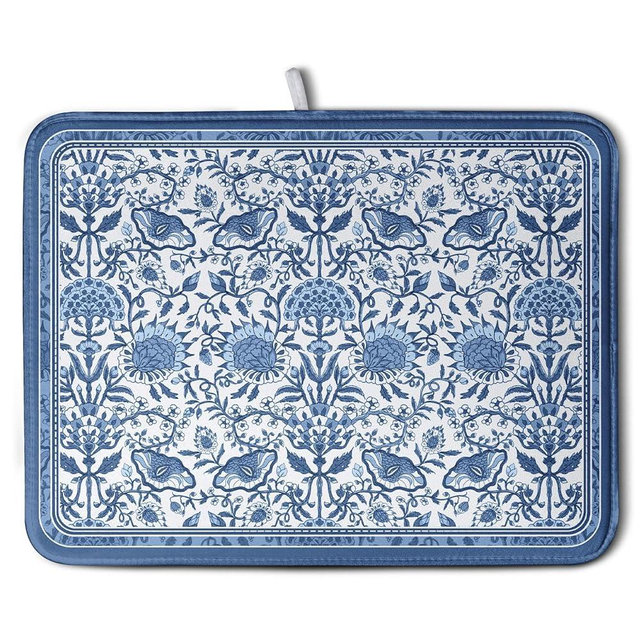 Blue Floral Dish Drying Mat for Kitchen Counter Boho Flowers Dishes Drainer Mats Rustic Farmhouse Microfiber Absorbent Dish Draining Spring Summer Reversible Dish Rack Pad Large 18x24 Inch