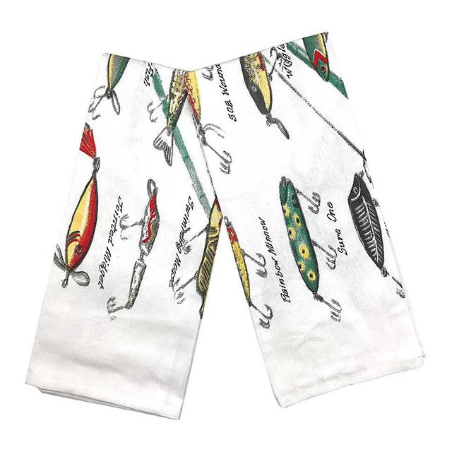INDIA OVERSEAS Colorful Fishing Pole and Fish Lures Hand Towels: Outdoor Family Fun Design, Set of 2