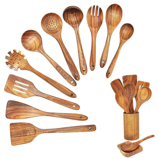 12 Pcs Wooden Spoons for Cooking with Holder, Kitchen Utensils Set Utensils Wooden Spatulas for Cooking