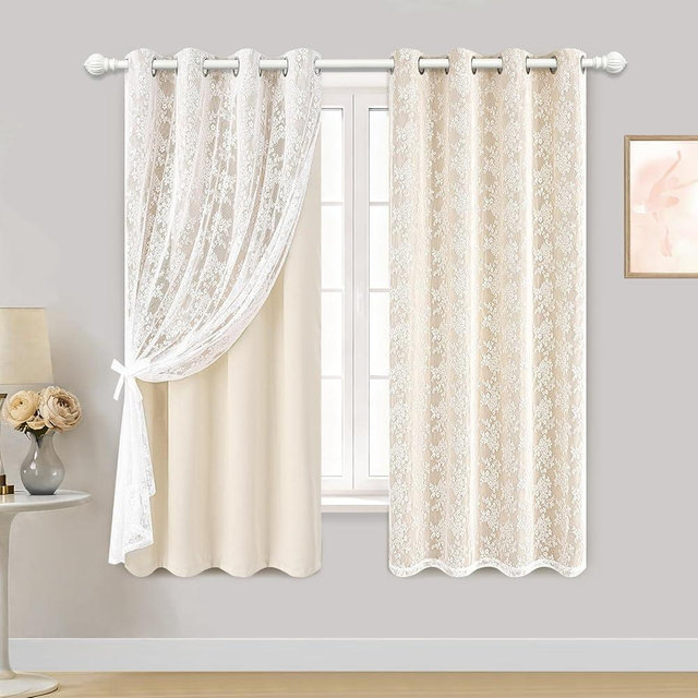 Yinhua Blackout Curtains for Bedroom Double Layer Beige Curtains for Living Room 63 Inch Length 2 Panels Set Kid Curtain with Floral Sheer Overlay, Grommet Drapes with Tiebacks, 52" W x 63" L