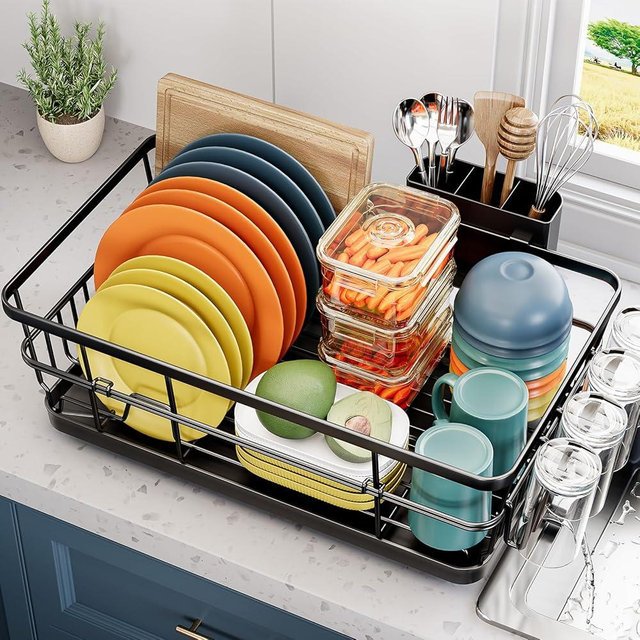 Dish Drying Rack for Kitchen Counter, Large Dish Drying Racks with Drainboard, Kitchen Sink Dish Rack, Countertop Dish Drainer Rack with Cup & Cutlery Holders, Dish Dryer Rack 16.5*12.4*8.3 Black