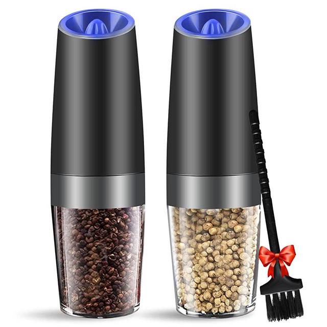 Gravity Electric Pepper and Salt Grinder Set, Adjustable Coarseness, Battery Powered with LED Light, One Hand Automatic Operation, Khaki, 2 Pack