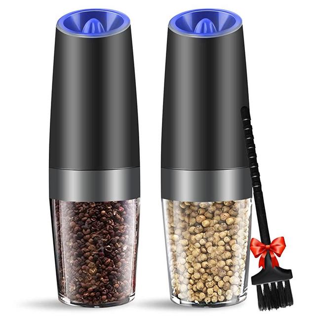 MOVNO Gravity Electric Salt and Pepper Grinder Set of 2 with Blue LED Light, Battery Powered Pepper Automatic Mill Grinder with a Brush, Adjustable Coarseness, One Hand Operation, Black 2 Pack