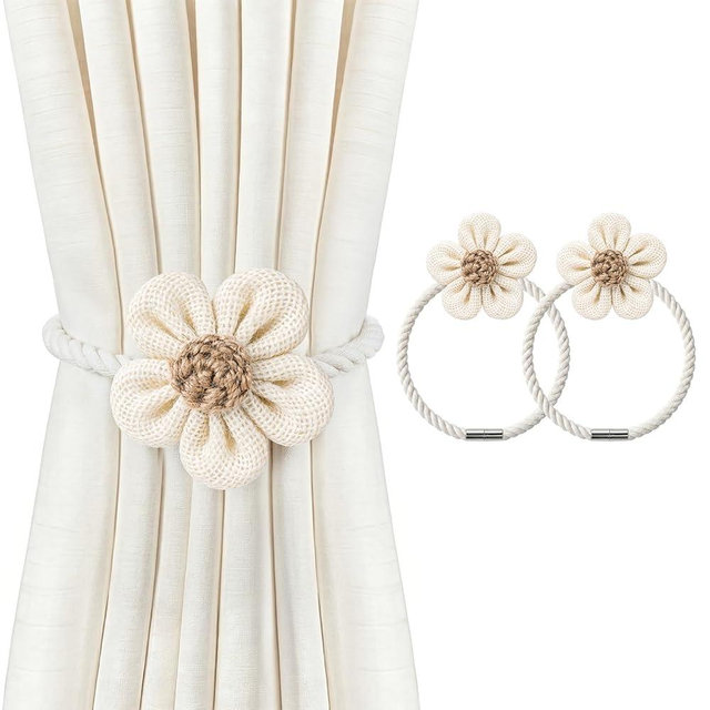 VIS'V Magnetic Curtain Tiebacks, Boho Flower Curtain Holdbacks, Cream, 2 Pcs