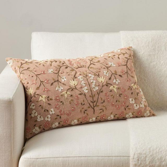 Zea Embroidered Lumbar Throw Pillow Cover, 16" x 26", Apricot Multi