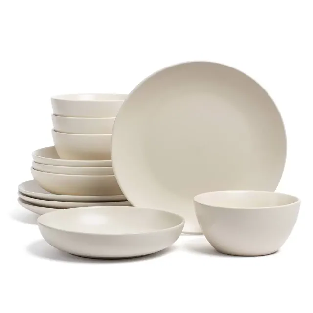 over&back 12pc Coupe Hand-Finished Stoneware Dinnerware Set Semi-Matte Ivory: Microwave & Dishwasher Safe, Service for 4