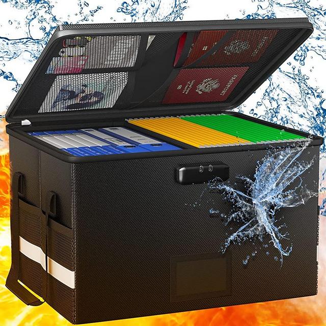 Tabiger Fireproof File Box with Lock, Fireproof Document Box, Document Lock Box Portable Filling Box with Handle Waterproof Important Document Organizer Hanging File Storage Box for Letter Legal Black