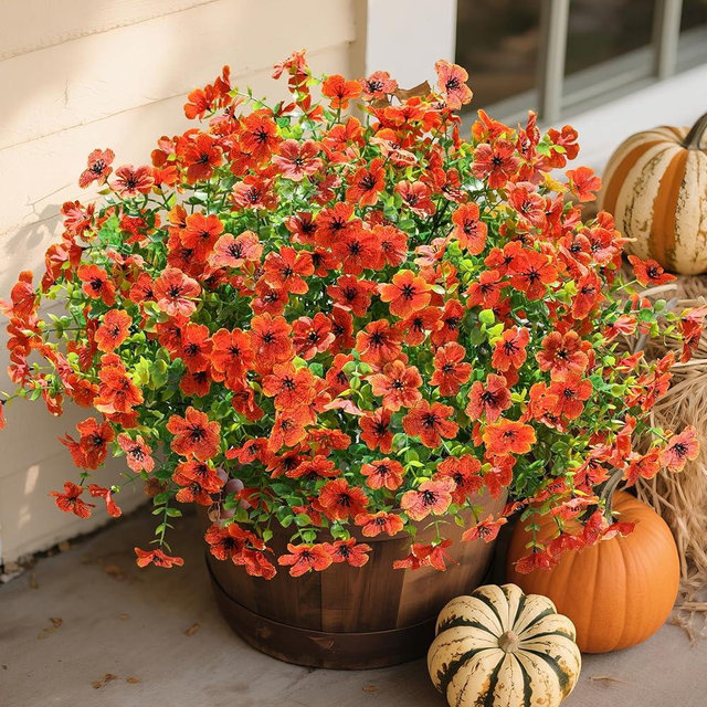 florisso Artificial Fake Fall Mums Flowers Plants for Outdoor Outside Decoration, 12 Bundles Faux Silk Orange Daisy UV Resistant Look Real for Autumn Front Door Porch Planter Patio Garden Home