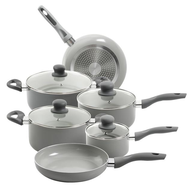 Mainstays Vermilion 10-Piece White Ceramic Interior Cookware Set, Gray