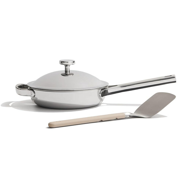 Our Place Titanium Mini Always Pan Pro - 8.5” (1.48 Qt) No-Coating Nonstick Pan | Tri-Ply Titanium & Stainless Steel | Safe for Oven, Induction & All Cooktops up to 1000°F | Includes Spatula | Chrome