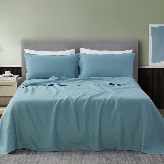 DAPU Pure Linen Sheets Set, 100% French Linen from Normandy, Breathable and Durable for Hot Sleepers, 4 Pcs Set - 1 Flat Sheet, 1 Fitted Sheet, 2 Pillowcases (Ocean, Queen)