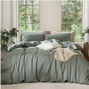 MooMee Bedding Duvet Cover Set 100% Washed Cotton Linen Like Textured Breathable Durable Soft Comfy (Heathered Green, King 104"x90")