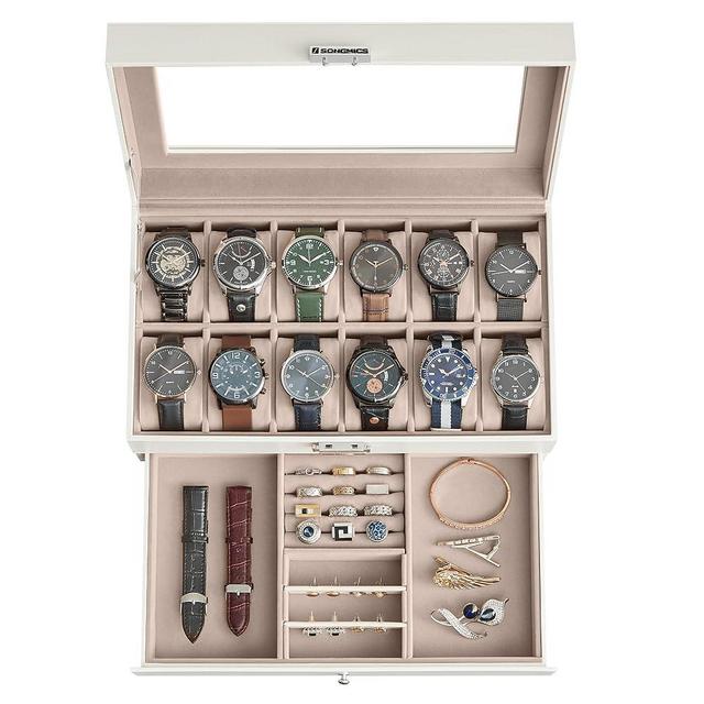 SONGMICS 12-Slot Watch Box, Lockable Watch Case with Glass Lid, 2 Layers, with 1 Drawer for Rings, Bracelets, Gift Idea, Cloud White Synthetic Leather, Cappuccino Beige Lining UJWB012W01