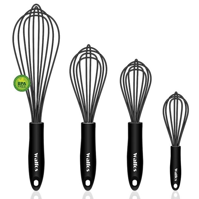 Silicone Whisk Set, Walfos 8.5''+10''+12'' Balloon Whisk and 6.7'' Mini Whisk Set for Blending Beating Stirring and Kitchen Cooking（Black）