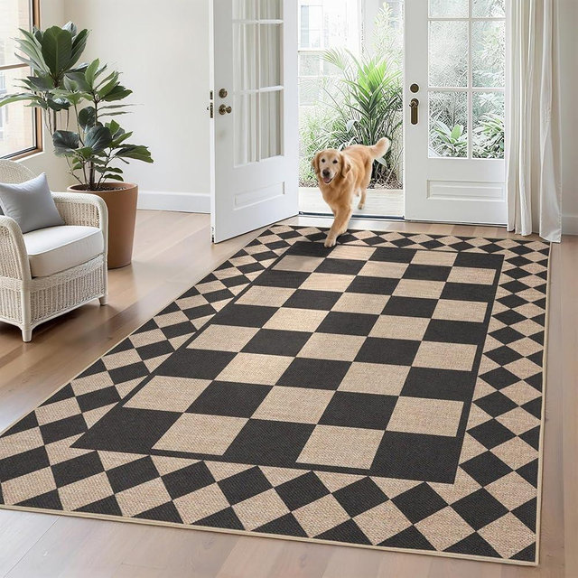GarveeHome Easy Jute Area Rug 5x7 Washable Rugs for Living Room Patio Checkered Indoor Outdoor Rug Farmhouse Non-Slip No Shed Jute Rugs Geometric Carpet for Backyard Entryway Bedroom, Natural